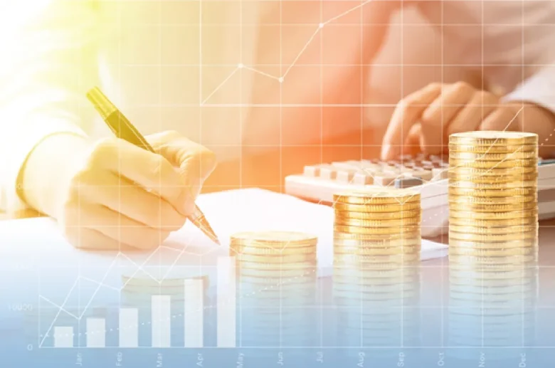 金貨と電卓で計算する人の手